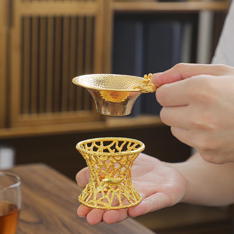 【超低价】纯锡茶滤 鎏金梅花防氧化茶漏功夫茶具配件茶漏托组合