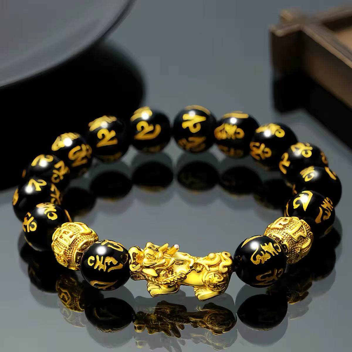 仿黄金貔貅黑曜石手链男女款本命年转运手串情侣礼品