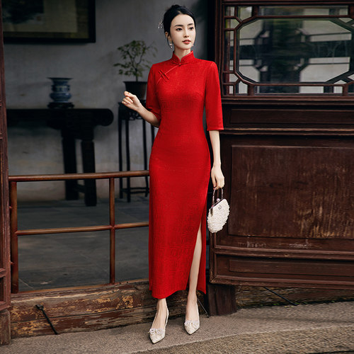 极速外嫁女回娘家旗袍2025新款七分袖秋冬红色礼仪迎宾服装中国红