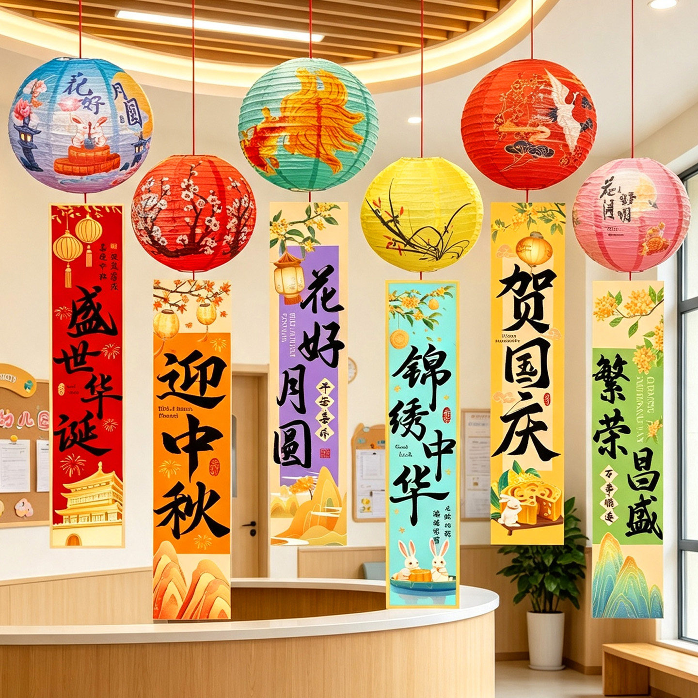 迎中秋贺国庆古风灯笼条幅挂件幼儿园教室商场橱窗双节氛围感装饰图片