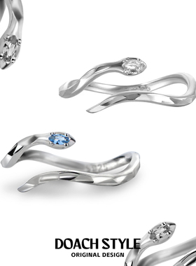 纯银冰川灵蛇戒指蓝锆石轻奢高级感蛇形食指戒开口可调不掉色指环