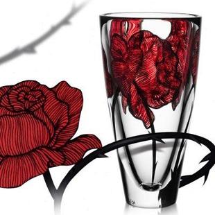 BODA进口水晶玻璃碗家用Tattoo手绘水果沙拉碟盘玫瑰花朵碗 KOSTA