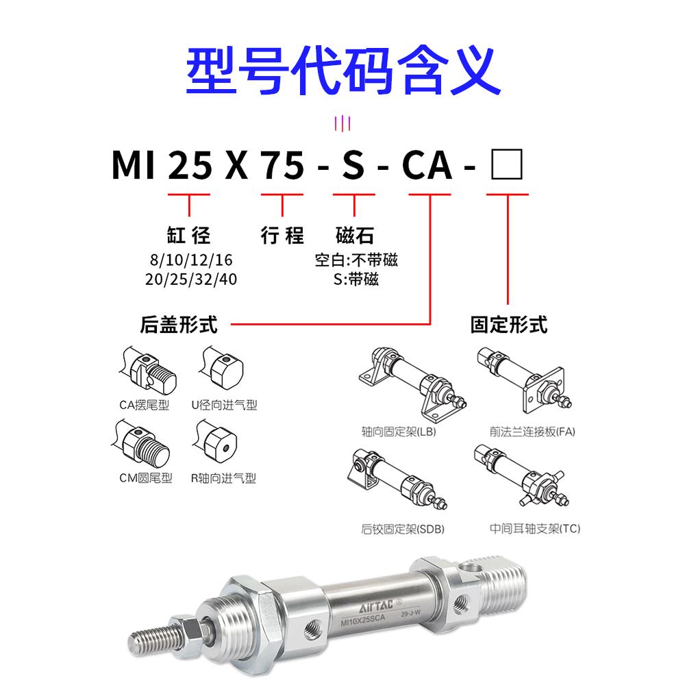亚德客不锈钢笔形迷你气缸MI12/16*10X20X30X40X50X60-75*100SCA