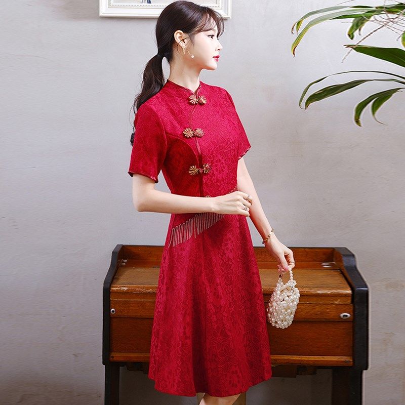 现货速发高考妈妈穿的衣服改良旗袍新款2024送考专属红色大码小个