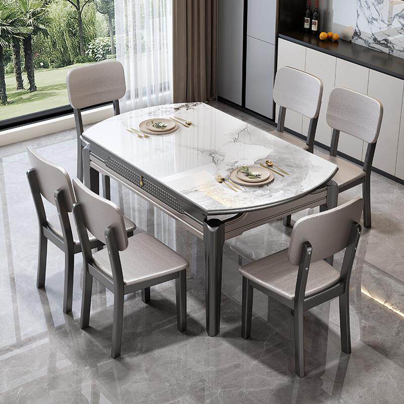 金属烤漆岩板餐桌椅组合家用大小户型折叠实木饭桌可伸缩变圆桌子