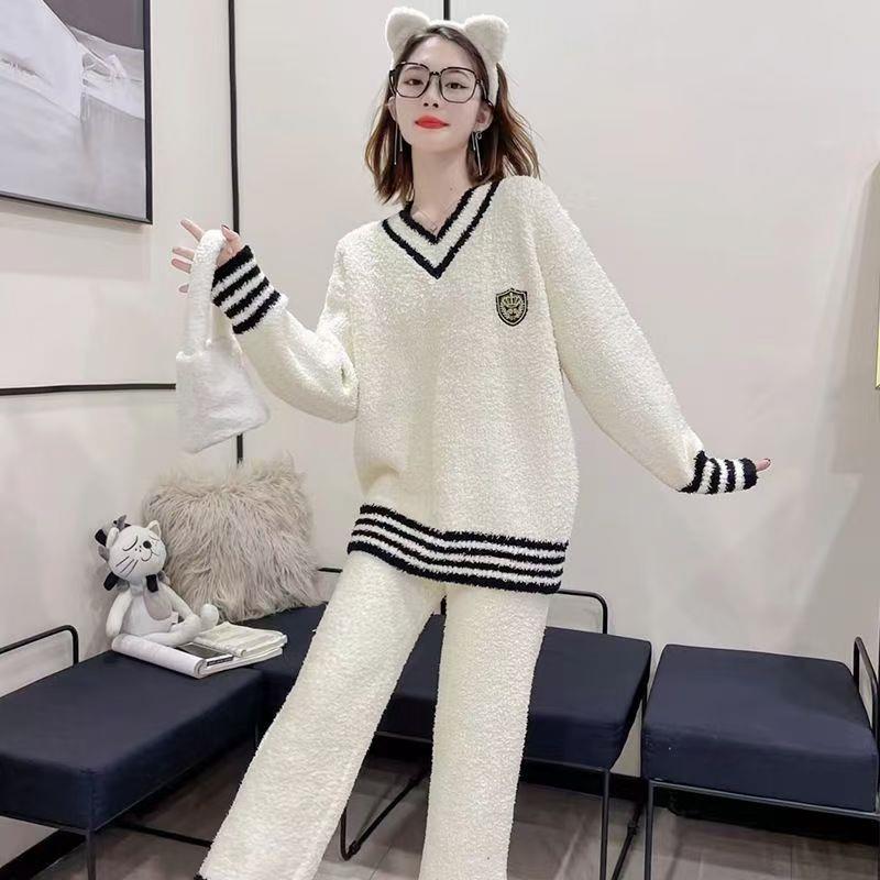 半边绒睡衣女春秋冬季加绒加厚珊瑚绒V领条纹套头家居服两件套装