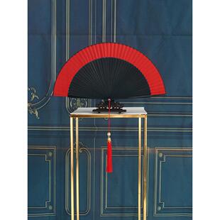 古风素面七寸大号骨扇跳舞扇开合折扇旗袍黑红色随身扇子绢扇橙色