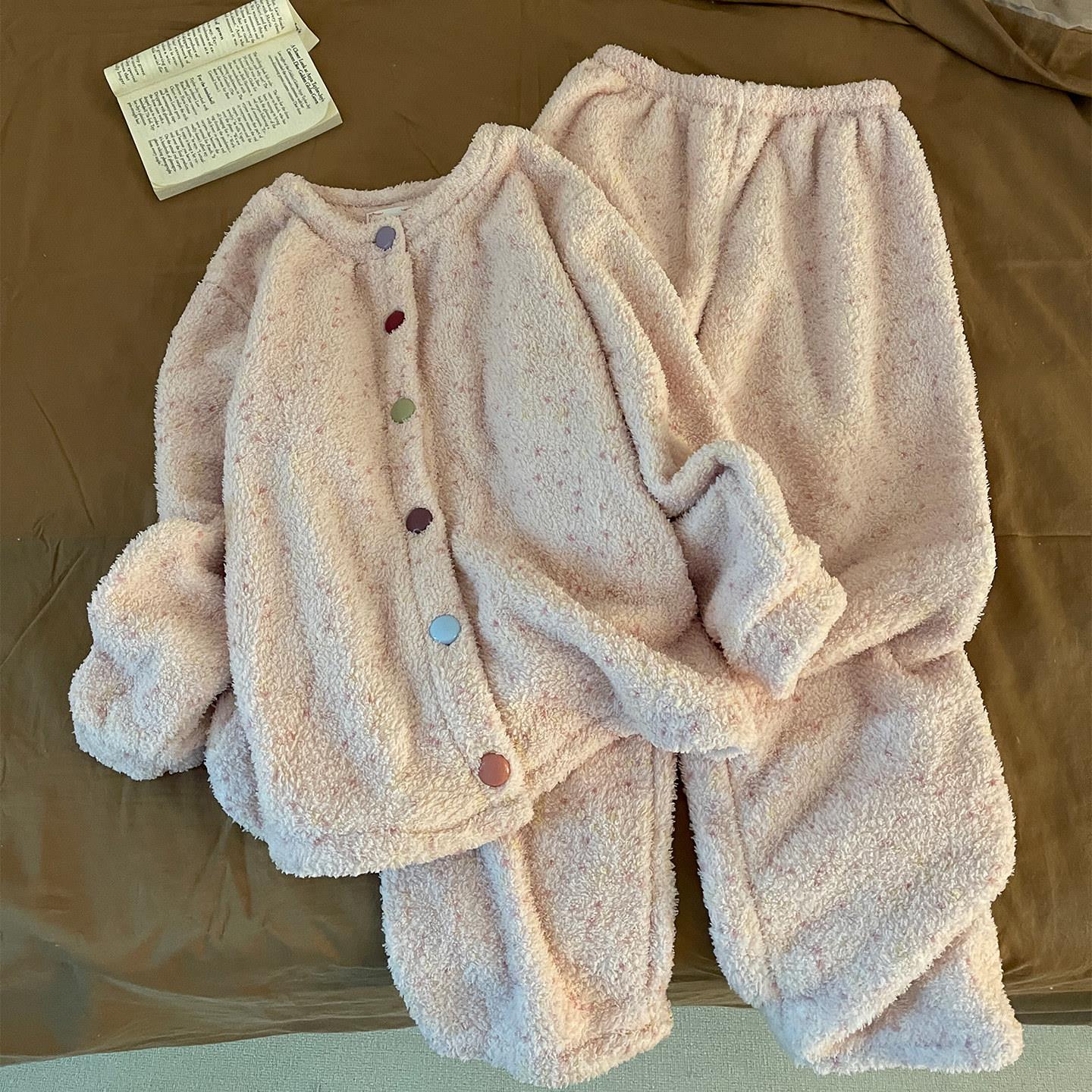 日系ins睡衣女冬季珊瑚绒粉色圆领开衫加厚保暖半边绒家居服套装