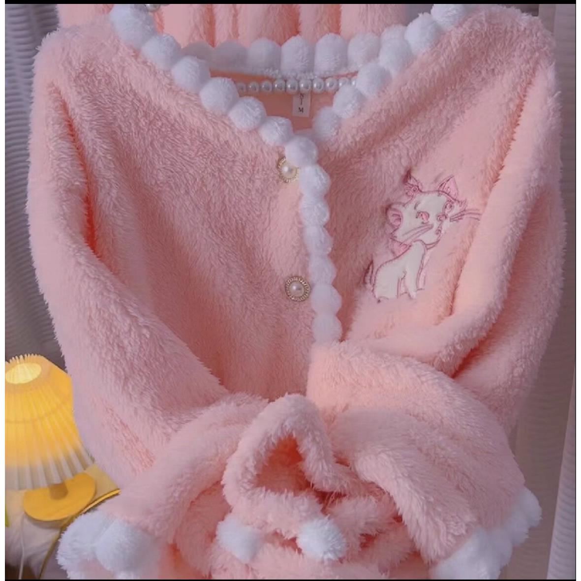 冬季新款加厚珊瑚绒绣花少女睡衣套装甜美女士家居服保暖睡衣套装