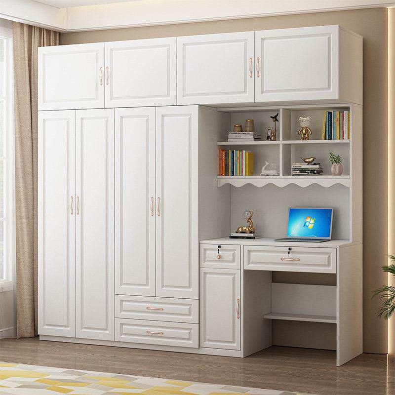 实木简约衣柜带电脑桌加书柜书架组合儿童学习办公桌一体连身衣柜