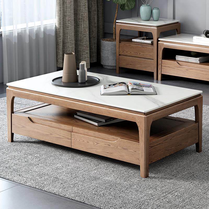 北欧岩板实木茶几电视柜客厅胡桃色现代简约小户型花架边斗柜组合