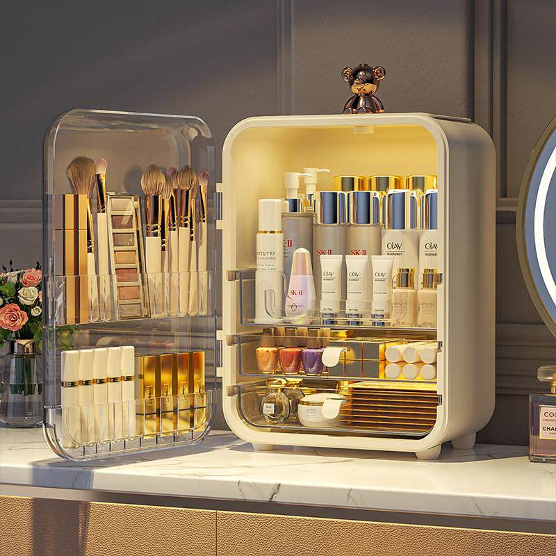 化妆品收纳盒带镜子桌面防尘大容量护肤品收纳箱化妆台一体置物架