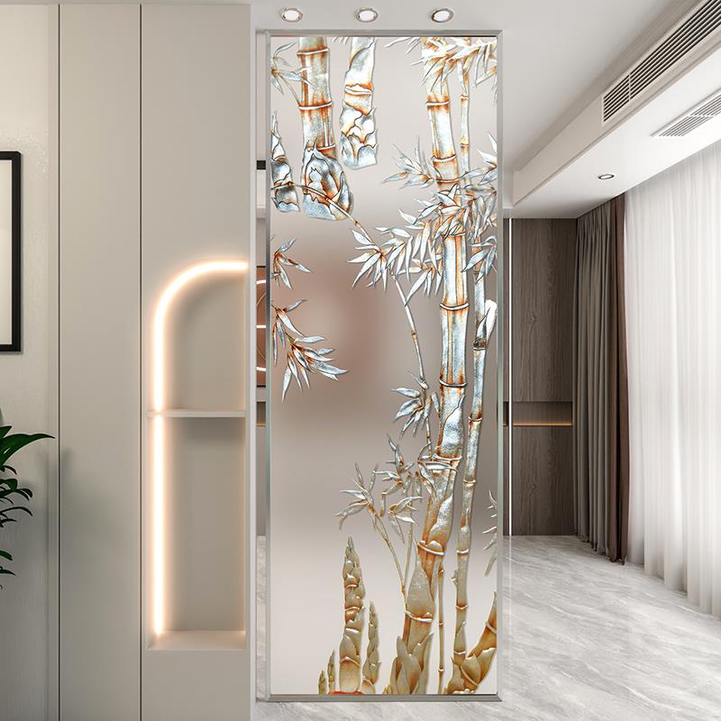 定制简约现代磨砂雕花钢化艺术玻璃屏风隔断装修入户玄关客厅竹子