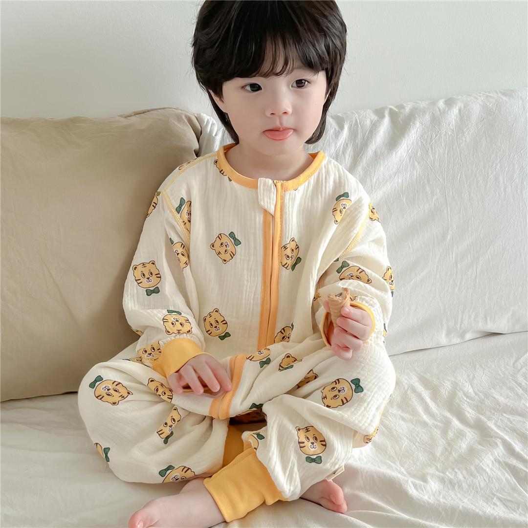 纯棉睡袋春秋儿童连体衣前六后四纱布分腿防踢被宝宝四季无骨家居