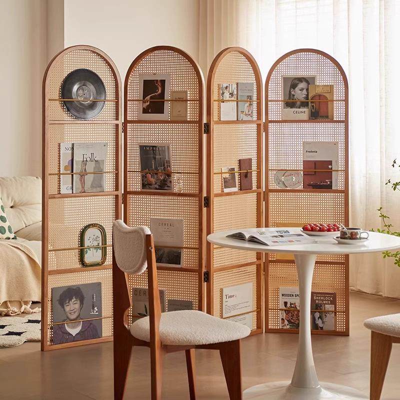 中式覆古实木藤编屏风隔断客厅2025新款移动置物书架遮挡简约玄关