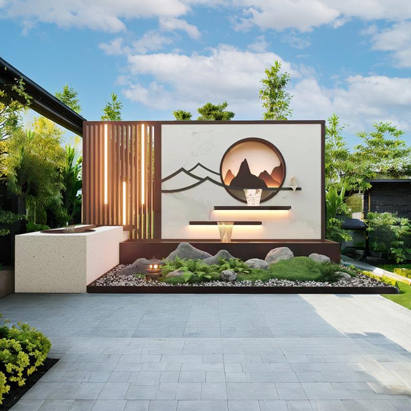 影壁屏风新中式庭院流水室外隔断景观背景墙不锈钢铝合金假山格栅