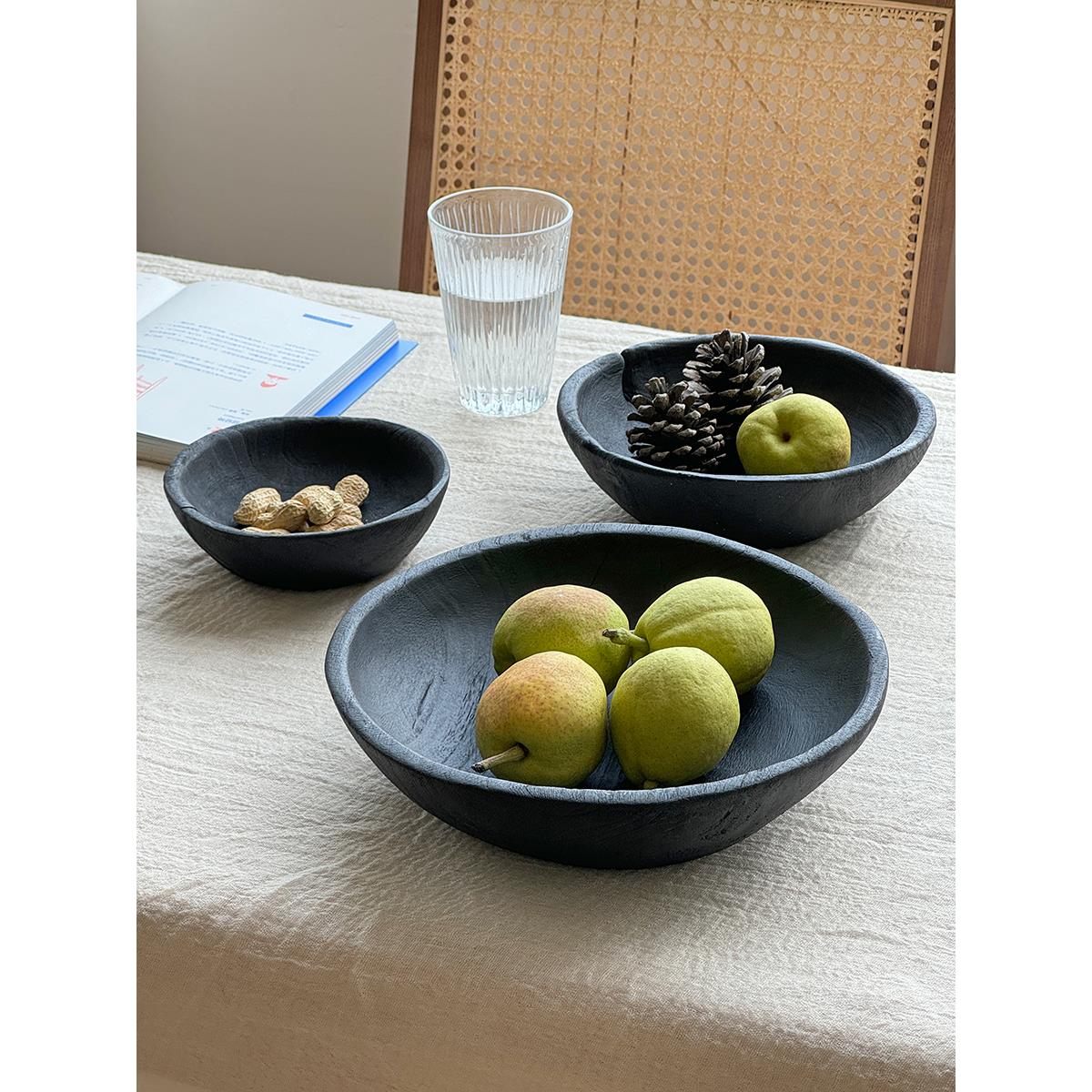 中古侘寂炭烧水果盘柚木圆形木制托盘实木盘子木质果盘黑色复古
