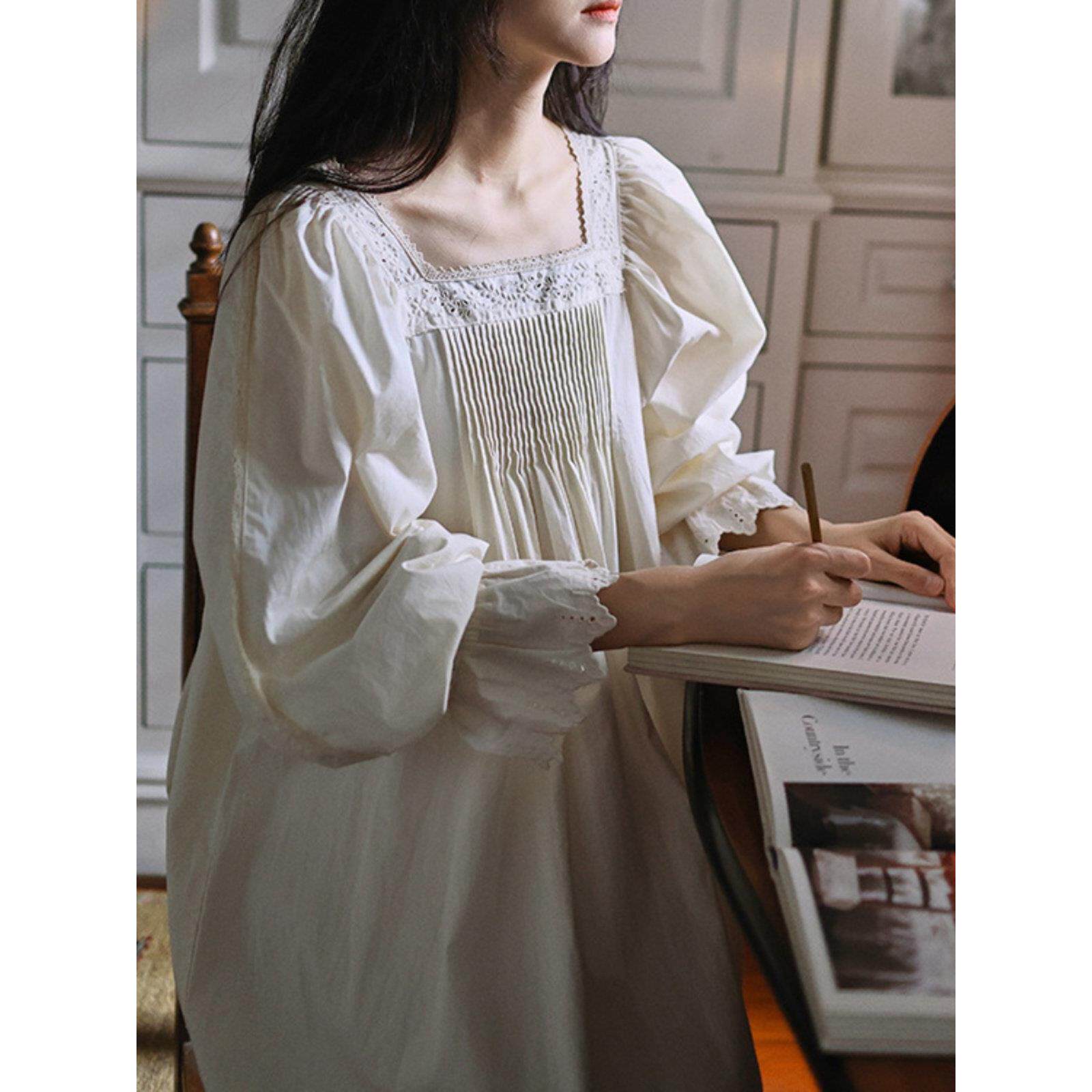 长袖睡裙女士春秋2024新款覆古棉布花边法式宫廷睡衣家居服可外穿