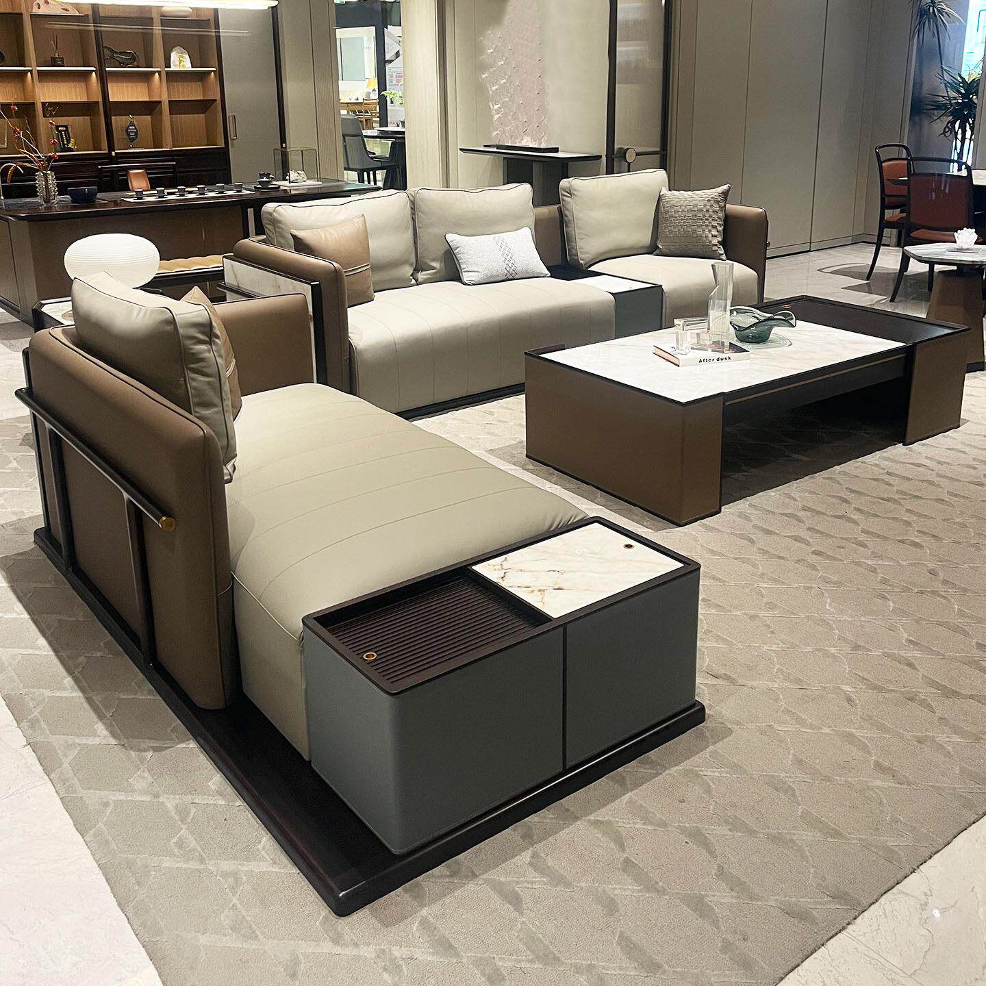 现代简约新中式实木沙发轻奢高端别墅大户型客厅贵妃皮艺沙发组合