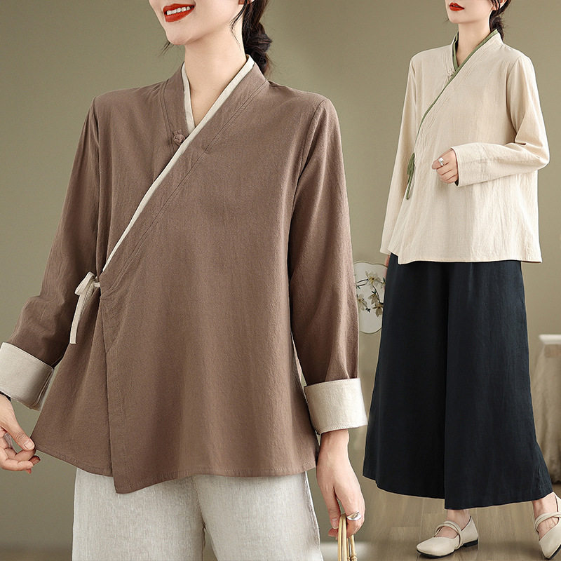 新款唐装汉服女中上衣棉麻茶艺师
