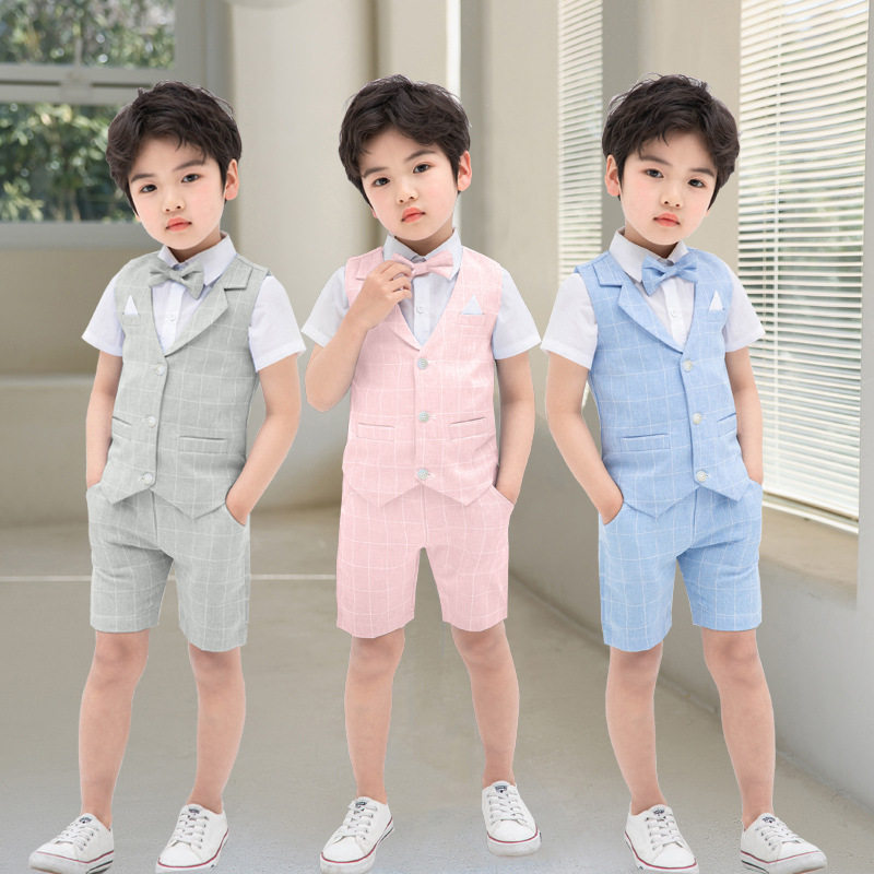 夏季新款童套装宝宝纯色格子小
