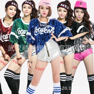 演出服服新款街舞蹈服舞嘻哈大码女闪亮片爵士恤短袖上衣棉