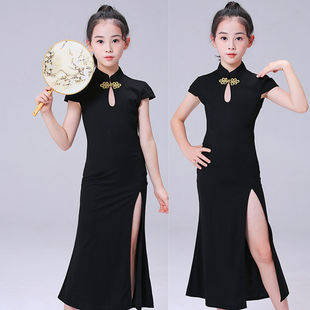 儿童模特走秀服旗袍训练服民族风女童形体礼仪服装夏季短袖台少