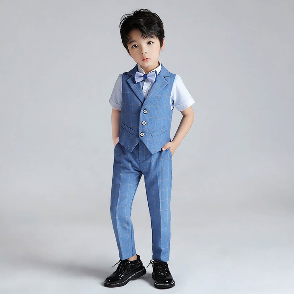 男童马甲套装夏季新款短袖演出服三件套儿童演讲宝宝周岁花童礼服