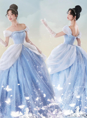 万圣节辛德瑞拉仙帝公主裙灰姑娘蓝色晚礼服舞台演出服装