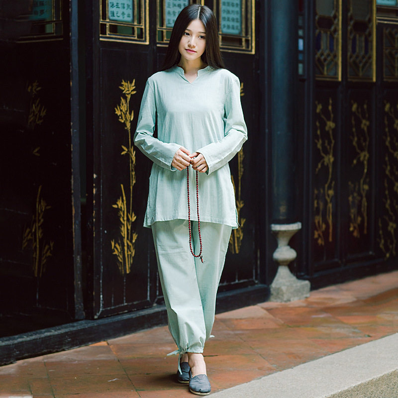 棉麻瑜伽套装长袖短袖居士服