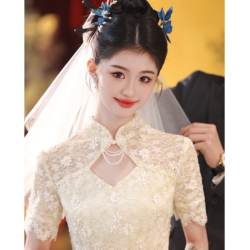 速发香槟色旗袍敬酒服新娘小个子改婚礼服连衣裙新中订式良结婚蕾