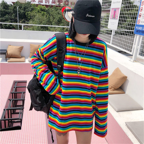 速发Row Stripe T Shirt Hoodies Huku Feme T-Shirt Log