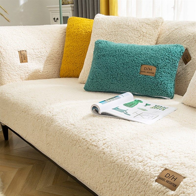 速发冬季羊羔绒沙发垫加厚毛绒简垫子防滑皮沙发套坐纯色能罩约通