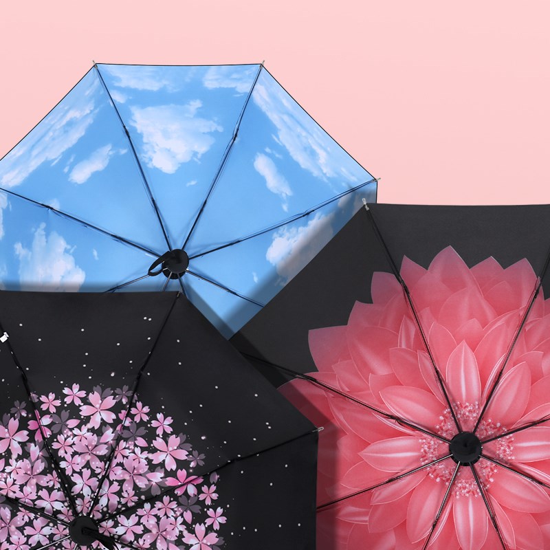 速发太伞小黑伞三折叠雨伞线男雨两用黑胶防晒防紫外晴晴雨