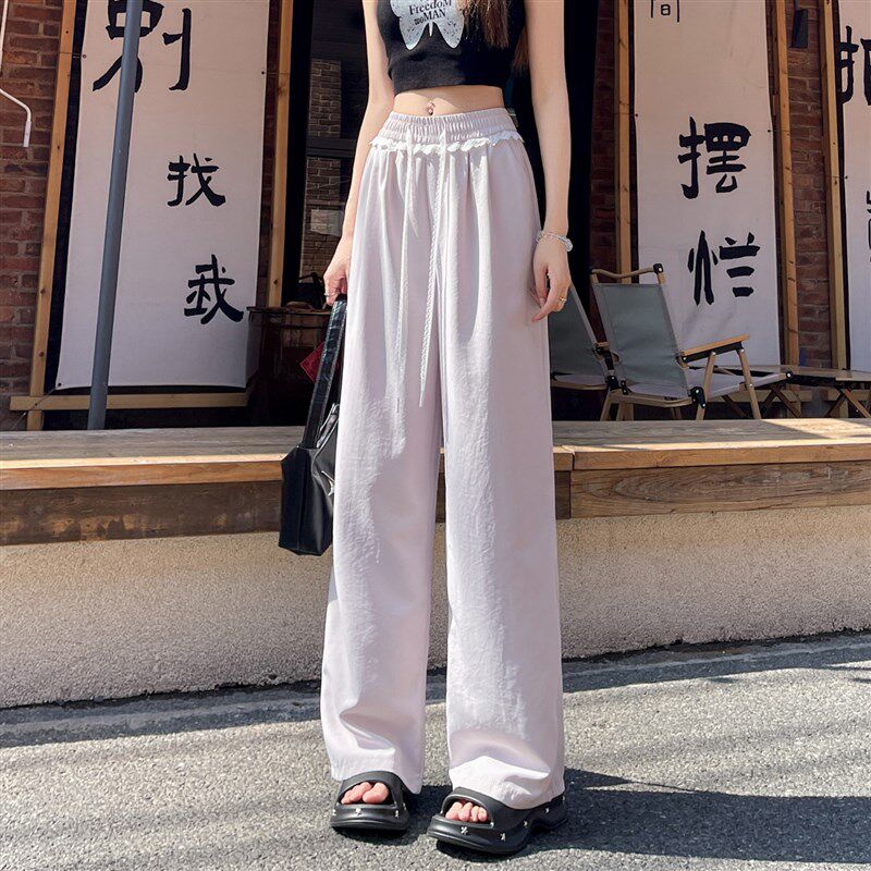 速发蕾丝花边裤子夏季薄款2025新款抽绳高腰垂感白色棉麻阔腿裤