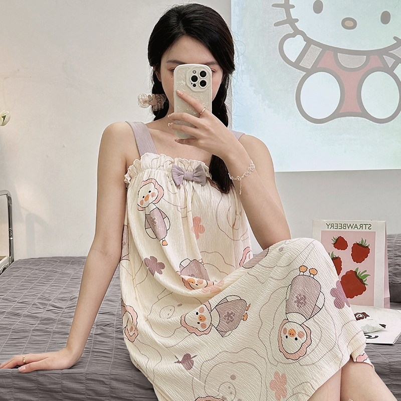 速发夏季云朵棉吊带睡裙士家居服薄款无袖春秋中款夏天可外穿可爱