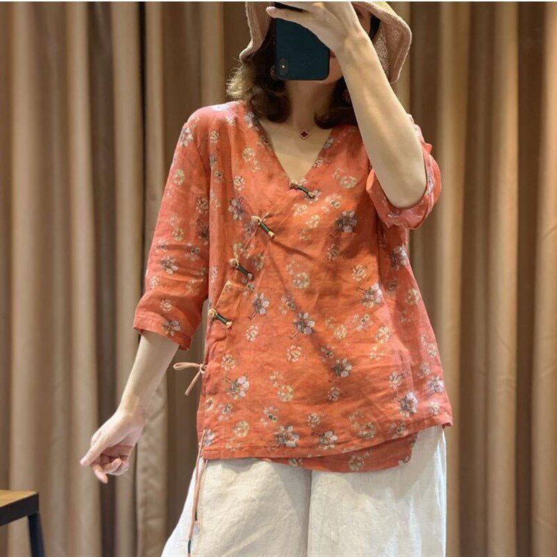 速发民族风v领碎花娃娃衫宽松棉麻上衣夏中袖亚麻盘扣中式装