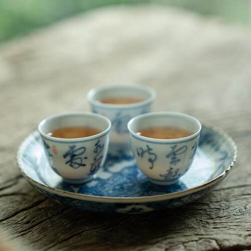 八喜器物手写青花诗文陶瓷小品杯白瓷薄胎茶杯仿古手绘潮汕主人杯