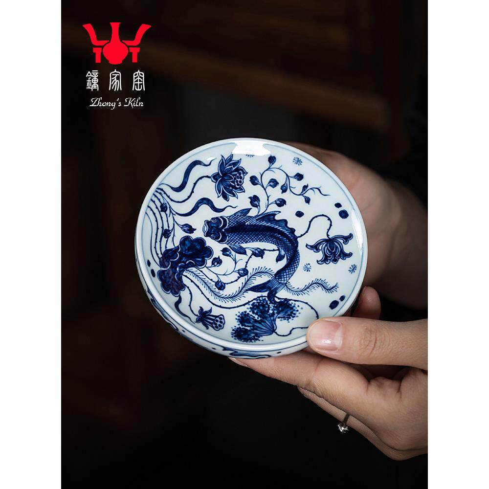 钟家窑陶瓷盖置 柴窑青花瓷手绘经典鱼藻纹壶盖托杯垫茶垫茶盖置