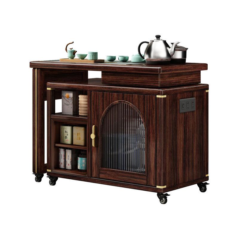 新中式紫金檀木实木伸缩旋转茶桌多功能茶桌移动茶台置物桌柜一体