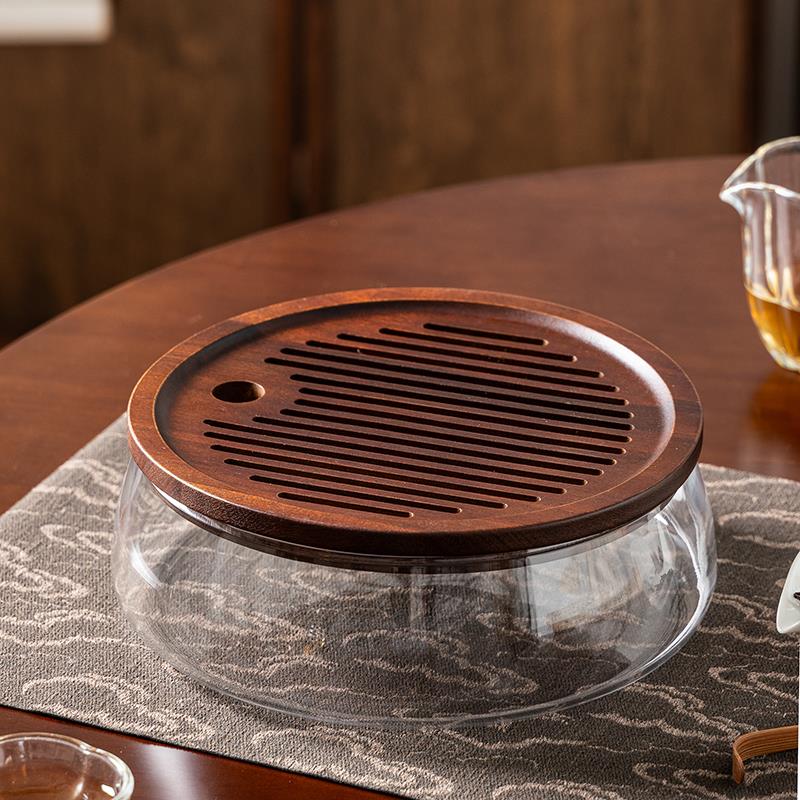 便捷中式小型茶盘储水家用木托盘茶台圆形沥蓄水玻璃茶海干泡台具