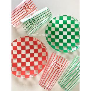 原装老树彩色棋盘格条纹玻璃板冷饮杯果汁杯沙拉盘甜点盘水果盘