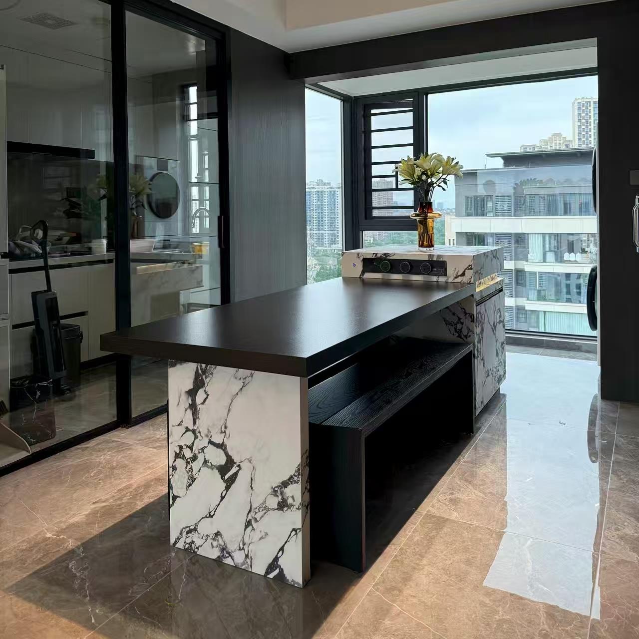 可伸缩岩板岛台餐桌一体式开放式简约意式风中导台餐桌加吧台定制