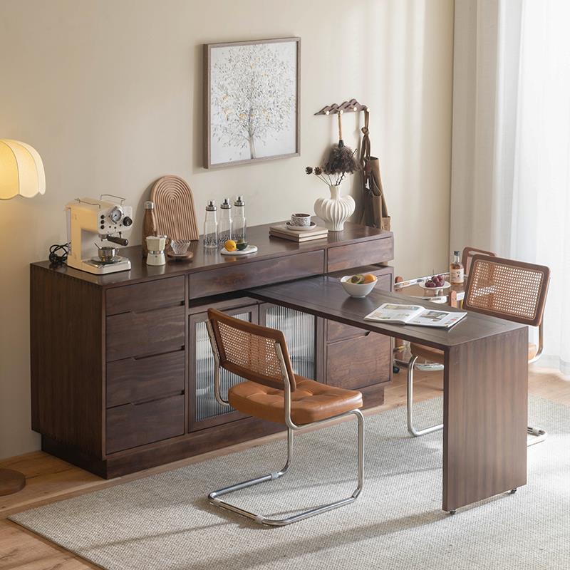 北美黑胡桃木实木餐边柜餐桌一体小户型吧台柜伸缩折叠可移动餐桌