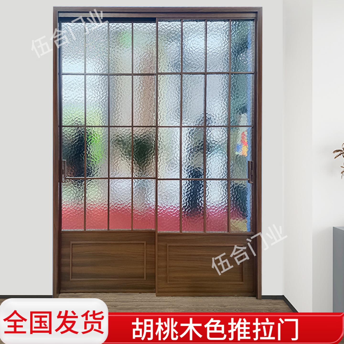 法式覆古拉门厨房吊轮门阳台客厅玻璃门中古风胡桃木色隔断移门