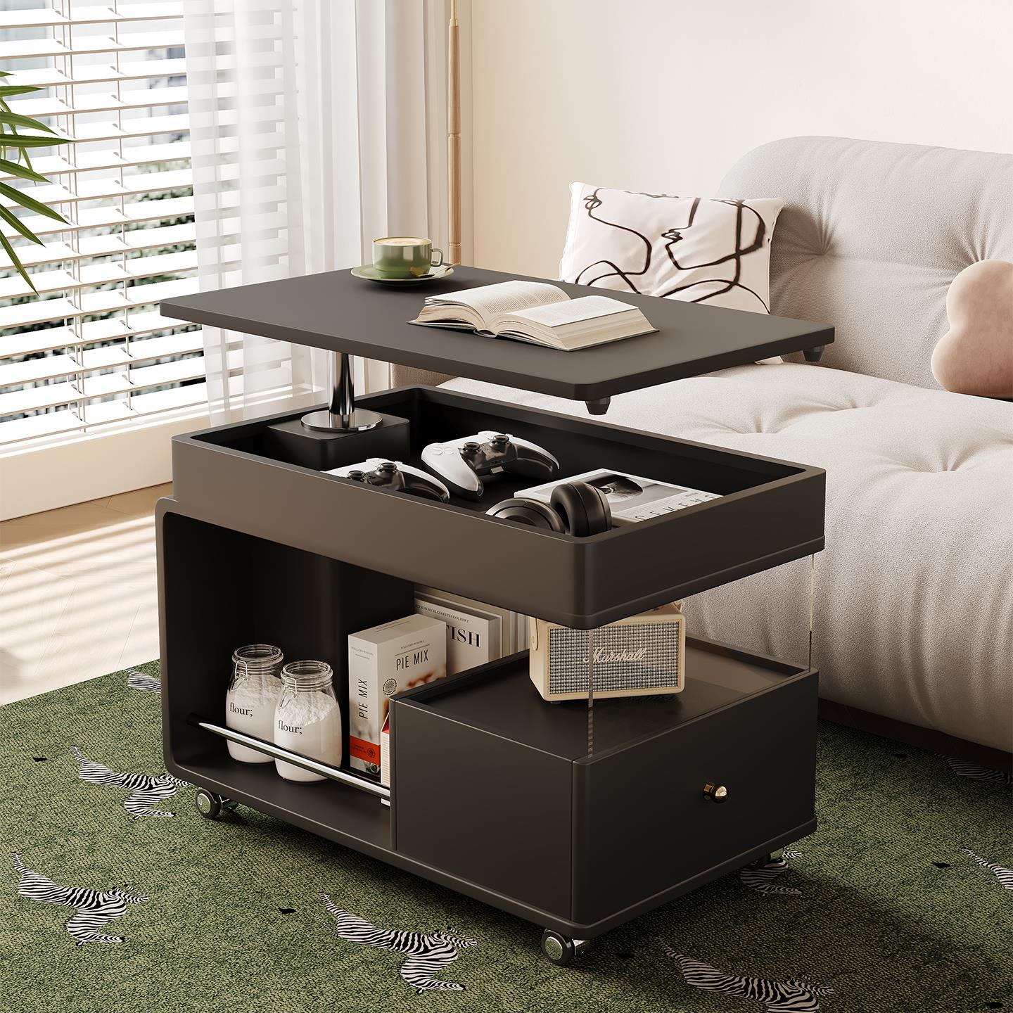 意式轻奢风移动升降岩板小推车客厅卧室家用小户型旋转设计师边几