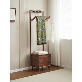 黑胡桃木落地挂衣架床头柜一体衣帽架全实木多功能卧室收纳置物架