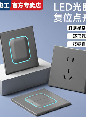 国际电工超薄灰色开关插座面板一开控5孔五孔16A带led灯复位开关