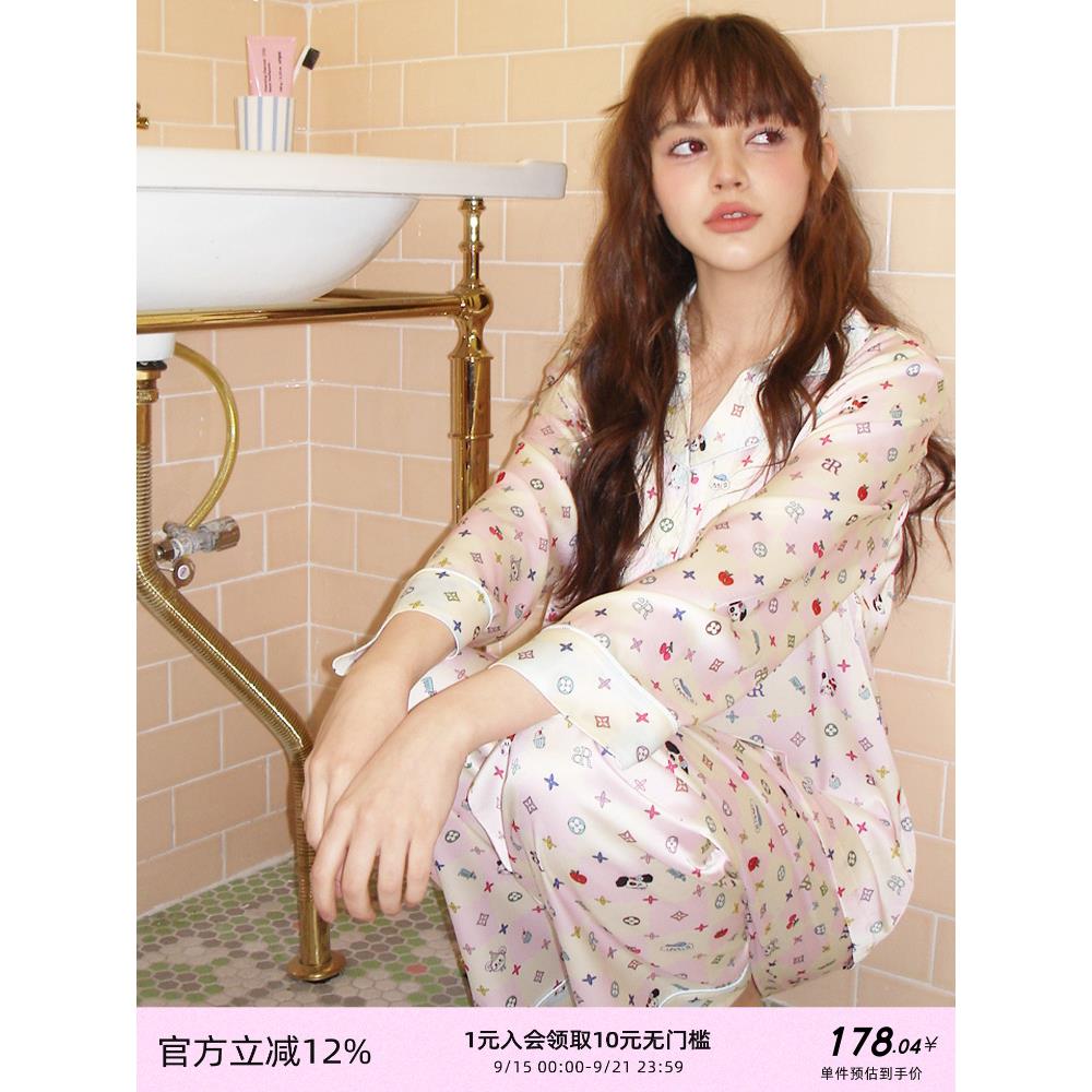RooMance汝曼司 元气狗狗印花绸缎睡衣女秋冬外穿家居服两件套装