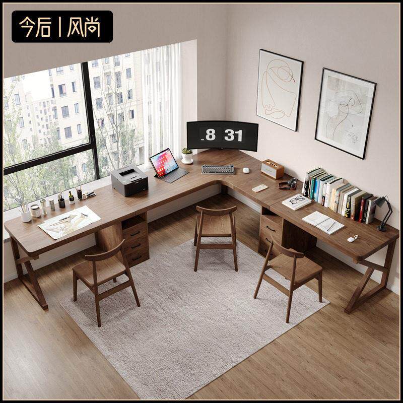 北欧转角书桌实木超长工作台多人l形定制大板桌七字型办公电脑桌